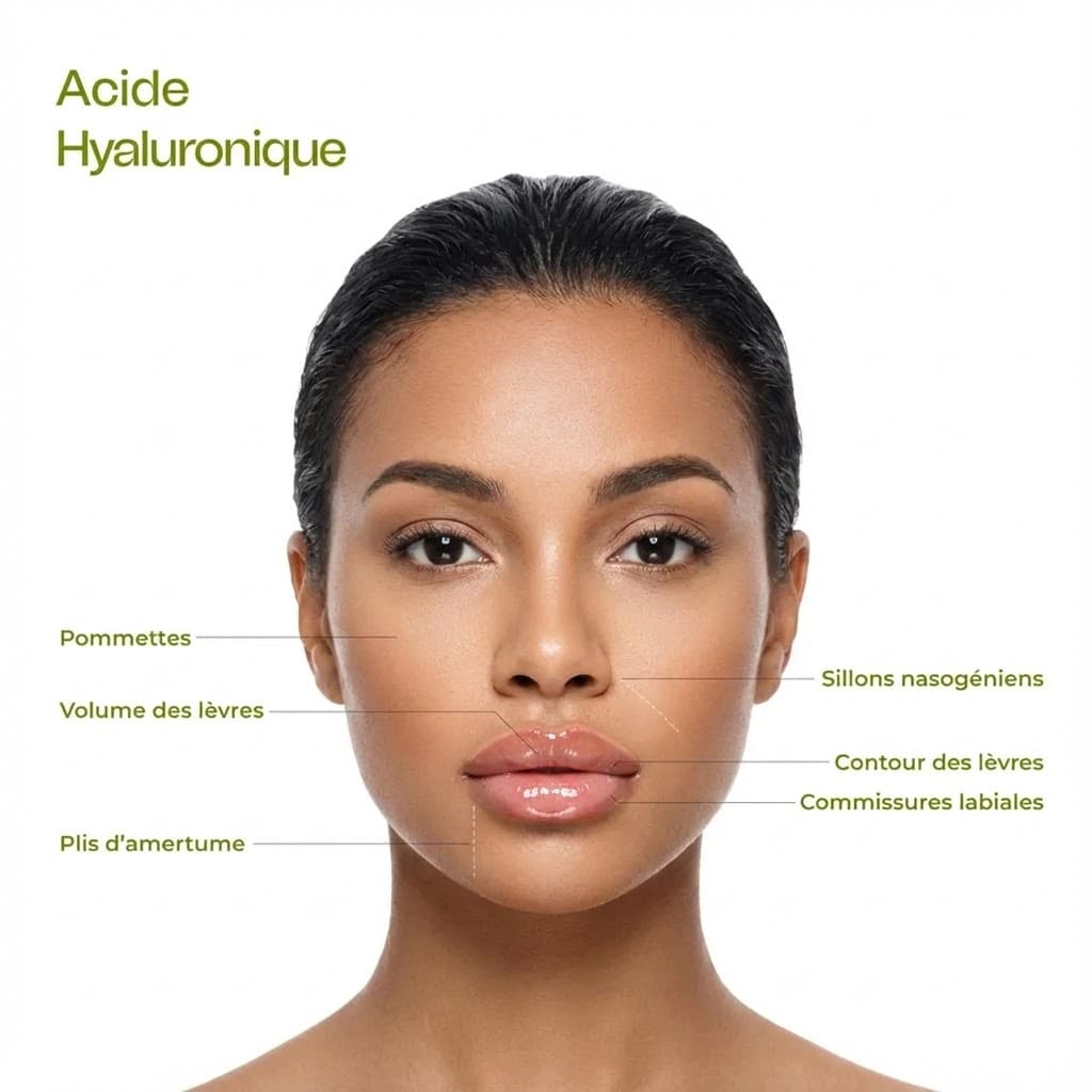 Schéma des zones d'injection du visage - toxine botulique et acide hyaluronique